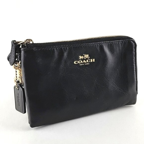 COACH Black Leather Wristlet Wallet Dual Zip Compartment Gold Tone Hardware - Picture 2 of 16